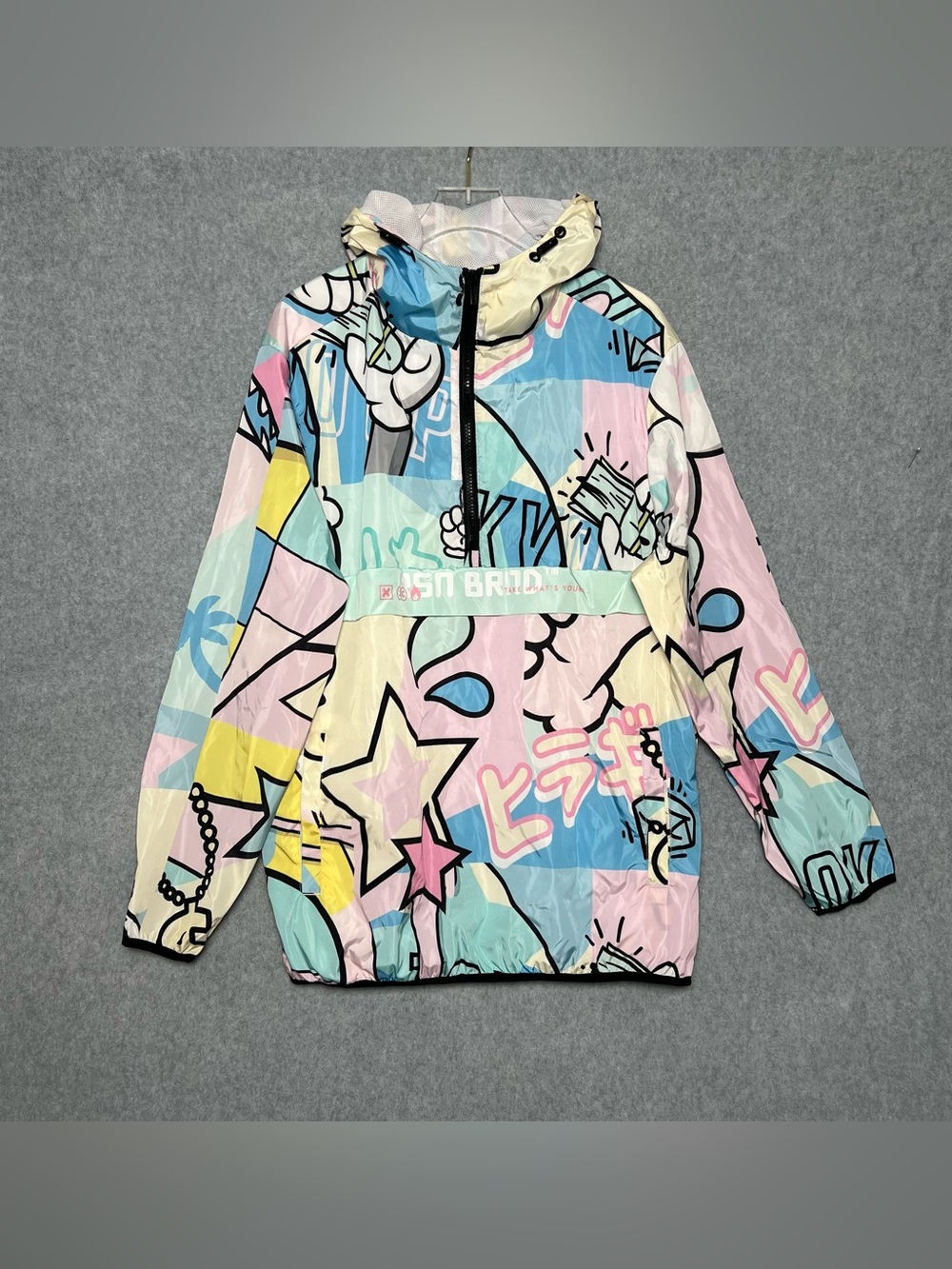 Reason Brand Mens Windbreaker Jacket Medium Pastel Graffiti Hooded Pullover NWT